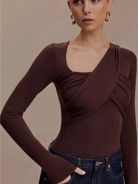 Meshki The Kaylen: Brown Draped Asymmetric Long-Sleeve Top